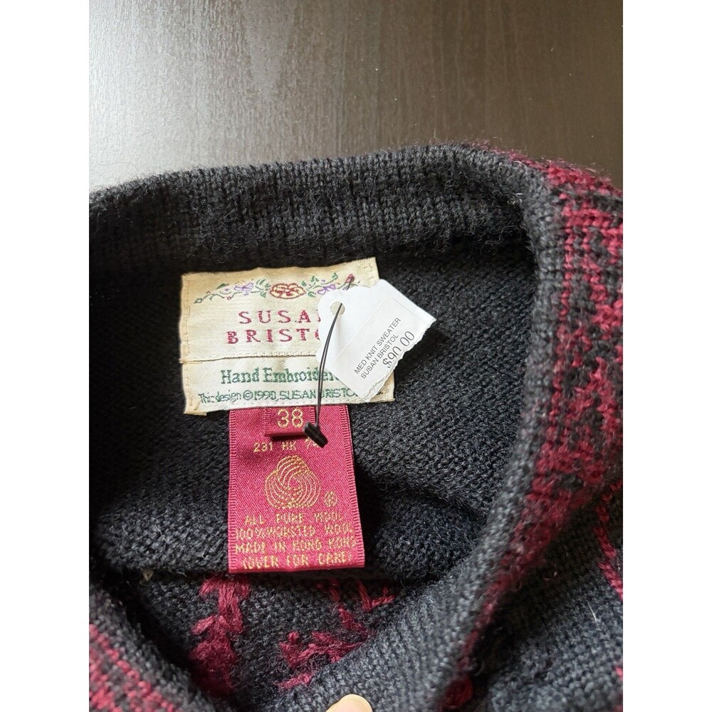 Vintage NOS Susan Bristol Wool Sweater 38 Hand Embroidered Folk 90s Black Red - Picture 3 of 12